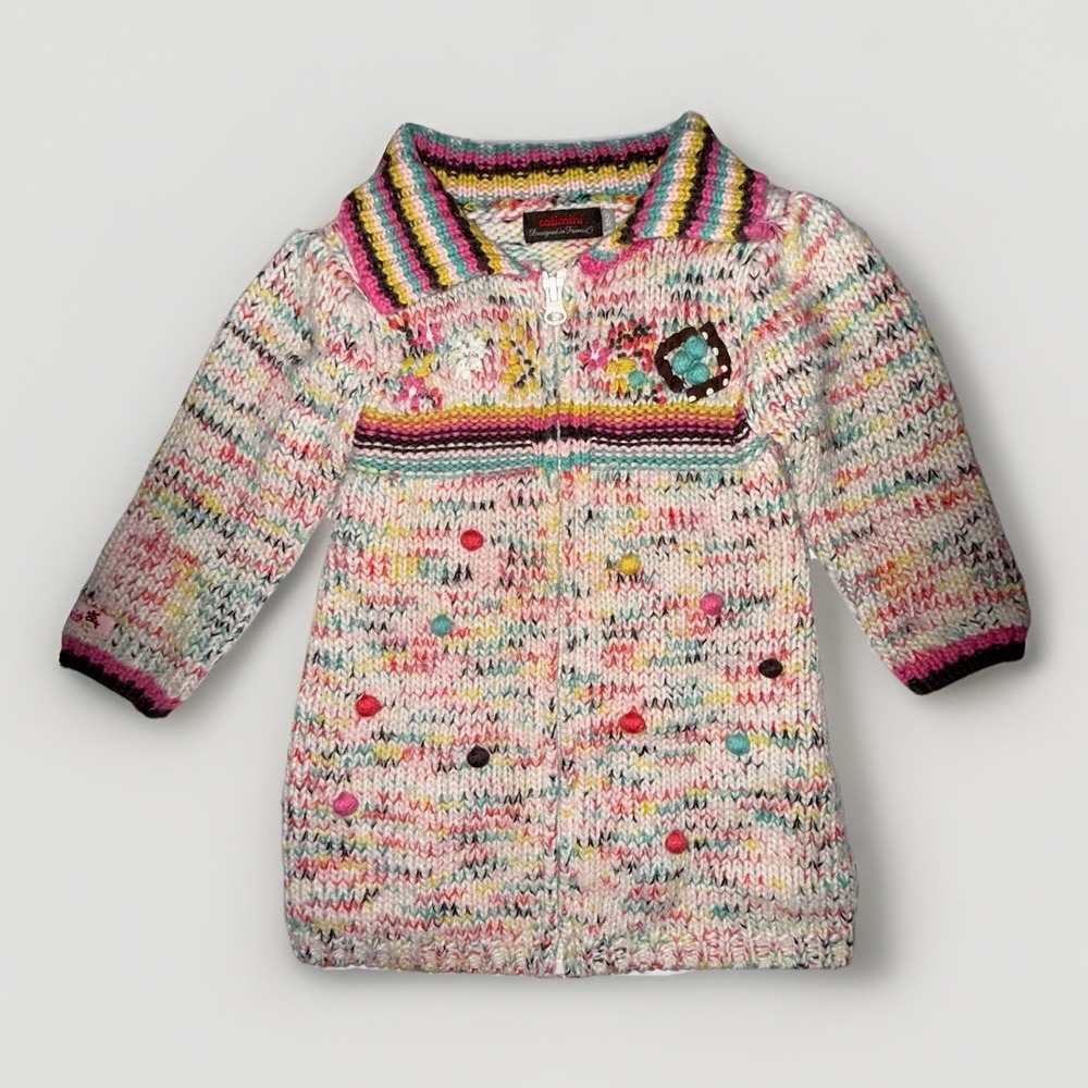 Catimini Girls 2T Multicolor Knit Sweater Full Zip Cardigan Wool Blend Colorful